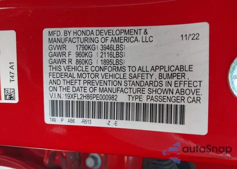 2023 Honda Civic Sport из США, поврежденный, VIN 19XFL2H86PE000982